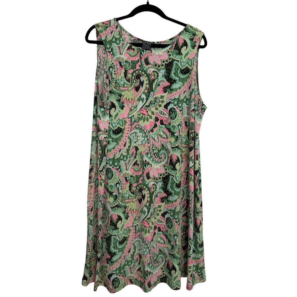 Clara Sunwoo Pink Green Paisley Sleeveless A-Line Dress 1X Made in USA